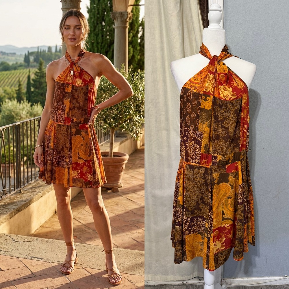ASOS DESIGN Halter Mini Dress Size 12 Orange Brown Paisley Patchwork Boho Hippie